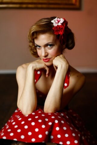 41695775_041_0e59 Glamorous pinup girl posing in her beautiful dress & heels in a solo