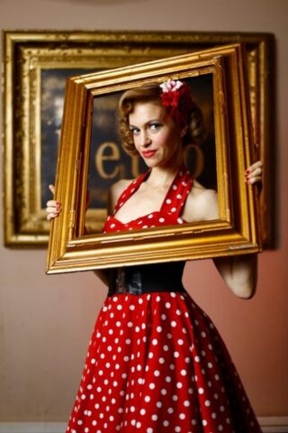 41695775_046_c332 Glamorous pinup girl posing in her beautiful dress & heels in a solo
