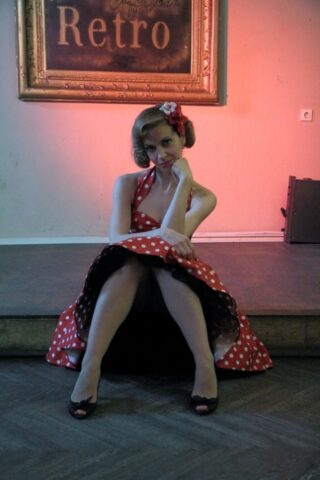 41695775_051_1829 Glamorous pinup girl posing in her beautiful dress & heels in a solo